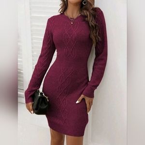 * New Chic Cable Knit Bodycon Sweater Dress Burgundy Red Wine Purple
